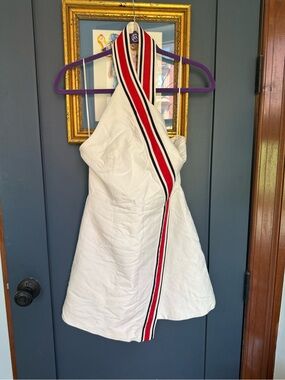 C/MEO Collective White Halter Mini Dress with Red & Black Stripe